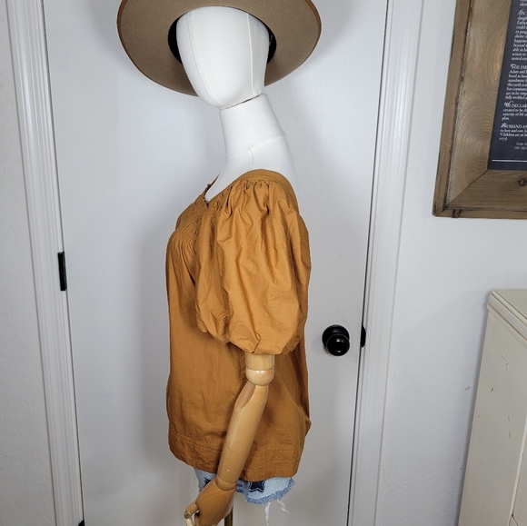 Maeve by Anthropologie Puff Sleeve Smocked Blouse Mustard Size Small 100% Cotton - Picture 4 of 8